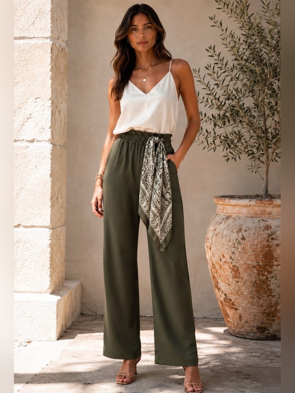 Made In Italy Paper Bag With Scarf Belt On Sife High Rise Wide Leg Pants